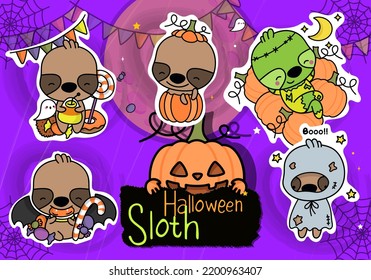 Collection of Halloween Stickers. Set of Cute Halloween Sloth Clipart Illustration. Funny Clip Art Halloween Sloth. Set of Five Animals Vector Illustrations, for Halloween Stickers
