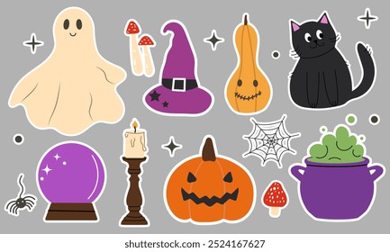 Collection of Halloween stickers. Set of cute isolated elements for Halloween. Ghost, hat, cat, spider, cobweb, mushrooms, magic ball, potion cauldron.