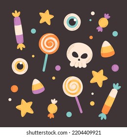 Sammlung von Halloween-Süßigkeiten, Bonbons, Süßigkeiten, Lollipops, gruselige Augen und Schädel. Fröhliche Halloween-Elemente. Probieren oder behandeln. handgezeichnete Vektorgrafik