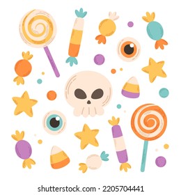 Collection of Halloween sweets, candies, candy corn, lollipops, scary eyes and skull. Happy Halloween elements. Trick or treat. Hand drawn vector illustration