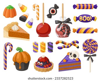 Collection of Halloween sweets. Traditional Halloween candy corn and pumpkin corn, cakes, lollipops, jelly worms, marshmallows and caramelized apples. Vector illustration.