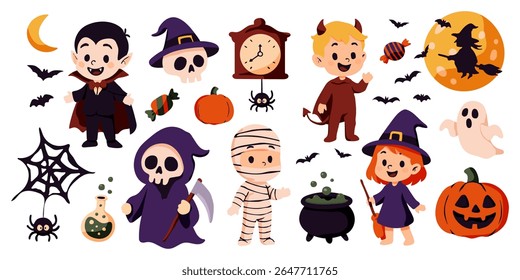 A collection of Halloween themed characters and objects, including a witch, skeleton, mummy, and pumpkin
