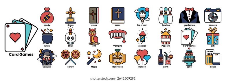 A collection of Halloween themed icons for a card game. The icons include a deck of cards, a skull, a witch, a pumpkin, a book, a cross, a bottle, a bowl, a bowl of candy, a bowl of fruit