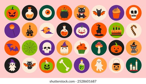 A collection of Halloween themed icons, including skulls, pumpkins, witches, and skeletons. The icons are arranged in a grid pattern on a pink background