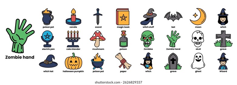 A collection of Halloween themed icons including a zombie hand, a witch, a skeleton