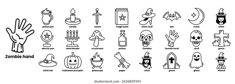 A collection of Halloween themed icons including a zombie hand, a witch, a skeleton