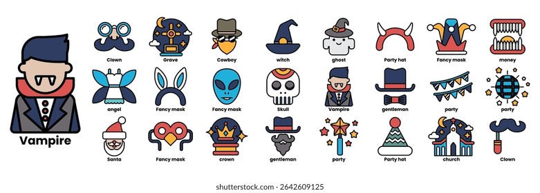A collection of Halloween themed icons including a vampire, witch, skeleton, and cowboy hat. The icons are arranged in a grid and include a variety of costumes and accessories