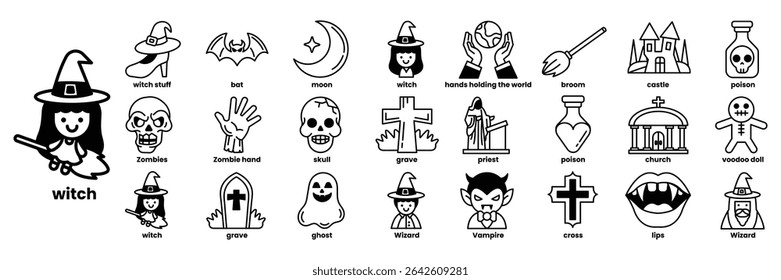 A collection of Halloween themed icons including witches, skeletons, and skulls. The icons are arranged in a row and include a witch, a skeleton, a vampire, a ghost, a witch's broom, a skull, a cross