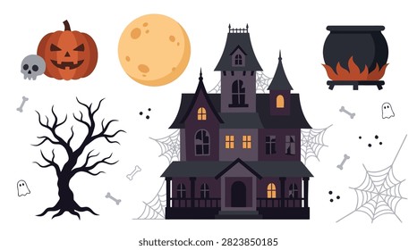 A collection of Halloween themed illustrations including a haunted house, pumpkin, full moon, bare tree, skull, cauldron, spiderwebs, and bones.