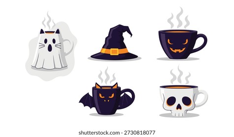 Collection of Halloween themed objects including mugs shaped like a ghost cat, pumpkin, skull, and bat along with a purple witch hat.
