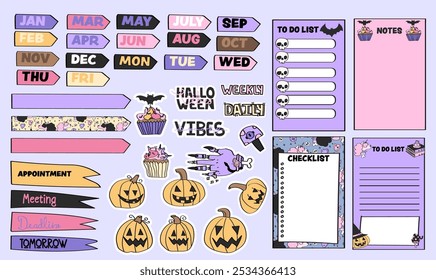 Collection of halloween themed planner stickers and notepad pages for daily or weekly planning.