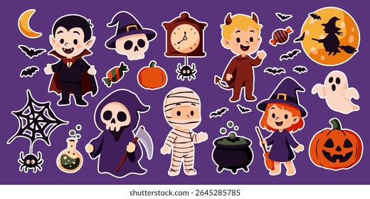 Uma coleção de adesivos com tema de Halloween com vários personagens e objetos. A cena é divertida e festiva, com os adesivos retratando uma variedade de