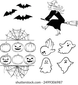 Collection of Halloween themed vector illustrations including bats, pumpkins, jack-o'-lanterns, ghosts, spiderwebs and a witch on a broom.