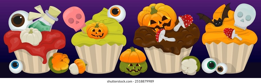 Collection of Halloween treats. Cupcakes decorated with skulls, pumpkin, bat. Colorful vector illustration halloween stripe