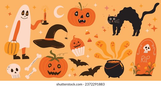 Colección de elementos vectores de Halloween, conjunto de espeluznantes ilustraciones de otoño, calabaza, quequitos, dulces, gato negro, murciélagos, fantasma, lápida, sombrero de bruja, caldero