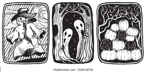 Collection of halloween vector illustrations. Ghosts, pumpkins and scarecrow. Retro stamp style. Hand drawn graphic illustrations in sketch style. For poster, print, postcard, stickers, t-shirt etc.