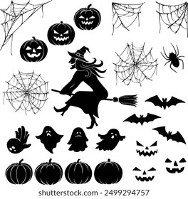 A collection of halloween vector illustrations including pumpkins, jack-o'-lanterns, spiderwebs, bats, ghosts and a silhouette of a witch on a broom.