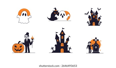 Collection of halloween vector illustrations spooky characters and haunted houses for holidays