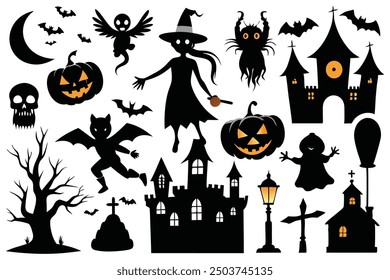 Collection of Halloween vector silhouette on a white background.