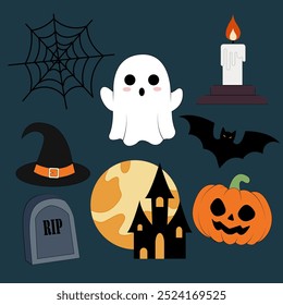 A collection of Halloween-themed icons featuring a ghost, pumpkin, bat, haunted house, and more. Perfect for spooky designs and seasonal decorations.