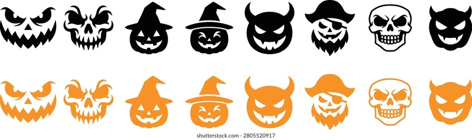 Collection of Halloween-themed icons featuring jack-o-lanterns, skulls, and devilish faces in black and orange colors