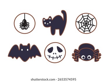 Coleção de ícones com tema de Halloween com uma aranha, gato preto, teia de aranha, morcego, crânio e conceito de design de personagem de aranha bonito