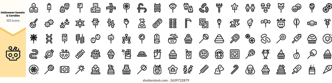 A collection of Halloween-themed icons in a playful, black design, featuring spooky elements like candies, pumpkins, and ghosts, perfect for festive activities.