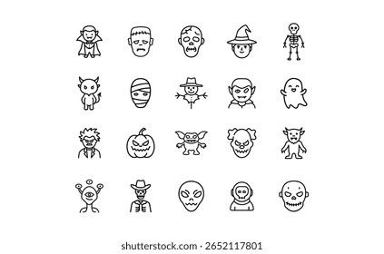 A collection of Halloween-themed icons in a simple, outlined style featuring classic monsters, creatures, and symbols.