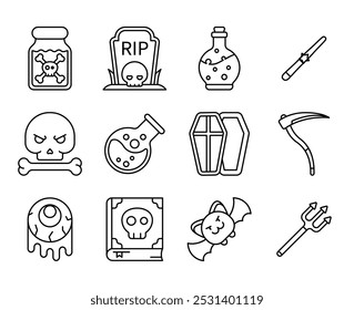 coleção de ícones de linha com tema de Halloween apresenta desenhos divertidos e assustadores, e outros elementos festivos perfeitos para adicionar um toque de arrepiamento aos seus projetos.