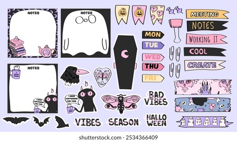 Collection of Halloween-themed memo pad pages, sticky notes, daily planner stickers with trendy lettering and washi tape.