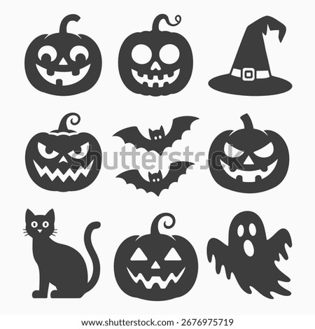 A collection of Halloween-themed silhouettes including pumpkins, bats, a witch's hat, a black cat, and a ghost, all isolated on a white background.