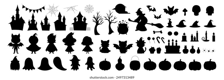 A collection of Halloween-themed silhouettes, including witches, pumpkins, and other spooky figures