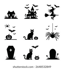 Coleção de abóboras vetoriais com tema de Halloween, morcegos e design de elemento assustador.