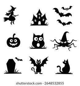 Coleção de abóboras vetoriais com tema de Halloween, morcegos e design de elemento assustador.