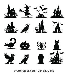 Coleção de abóboras vetoriais com tema de Halloween, morcegos e design de elemento assustador.