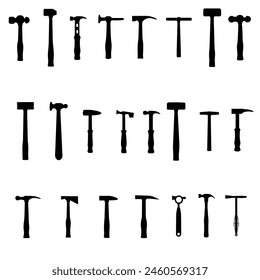 A collection of hammers and mallets are shown in a row. The hammers are of various sizes and shapes, and the mallets are also diverse in their design. Concept of variety and versatility in the tools.