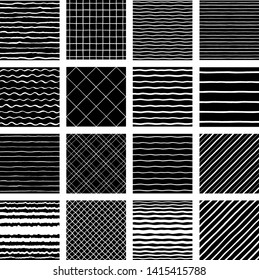 Collection of hand brush drawn geometric seamless patterns, textures. Diagonal doodle stripes, wavy pinstripes, streaks, waves, plaid, lattice, check backgrounds set. Uneven, deformed, crooked edge.