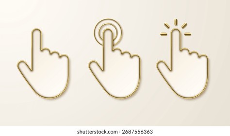 Una colección de iconos de toque de cursor de mano. Toca o haz gestos con el dedo índice en oro. Símbolos táctiles de la interfaz de usuario, Botones del App. Vector 3D ilustración.