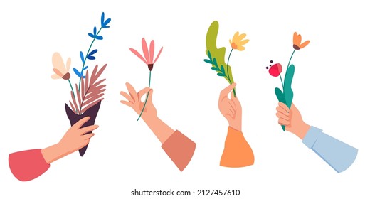 Collection of hand in different gesture holding or giving bouquets or flowers. Spring holiday flat vector concept. Bundle of floral decorative design elements isolated on white background.