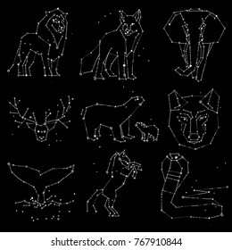 Collection of hand draw animals constellation on dark sky. Sketched wild animals with line and stars, horoscope style. Doodle constellation animals for cards, elephant, owl, wolf and other wild