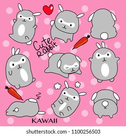 Collection of hand draw. Cute baby rabbit. Kawaii theme. All elements are isolated.