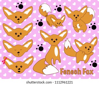 Collection of hand draw. Cute fenech fox. Pink background with white hearts. Design for banner, card, placard, brochure, web