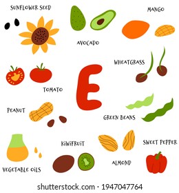 Collection of hand draw fruit and veggies rich in vitamin E. Vector cartoon flat style