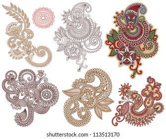 collection of hand draw line art ornate flower design. Ukrainian traditional style