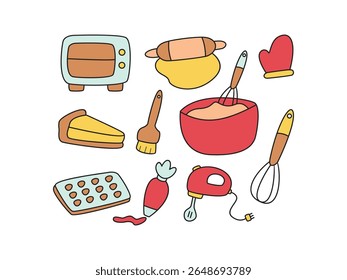 Coleção de ferramentas de panificação de desenho à mão e ingredientes com contorno