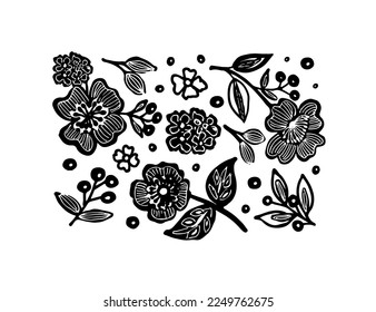 Collection with hand drawing beautiful flowers. Set of floral design elements.  Vector illustration.  Black and white hand drawn botanical motif. 
