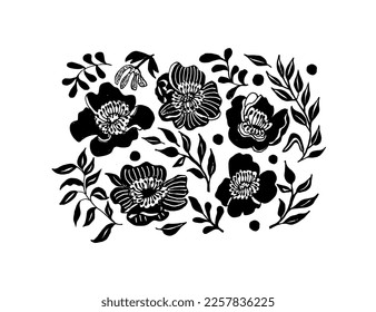 Collection  with hand drawing   flowers peones.  Botanical  plants set, floral elements, hand drawn repeatable background. 
