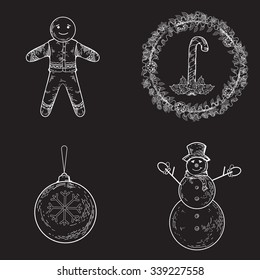 Collection of hand drawing illustrations on Christmas theme including snowman, gingerbread, candy cane, ball, mistletoe. New Year elements for banners, flyers, business design