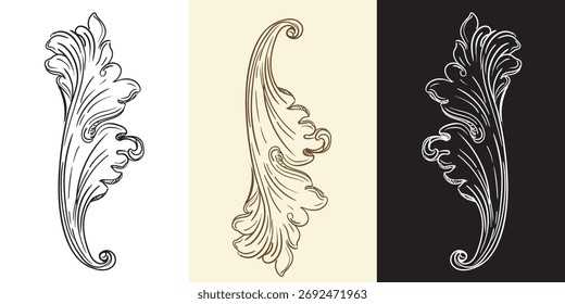 Collection of hand drawing retro baroque leaves, design element. Vintage Victorian frame border, scroll leaves engraving style. Isolated vector illustrations for decoration, cards, invitation