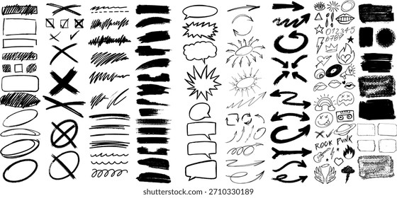 Sammlung von handgezeichneten Skizzenelementen setzen farbige Textur, Doodle-Pfeile, Textfelder, Pinselstriche und Kritzeleien